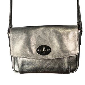 Patricia Nash Silver Leather Shoulder Bag Metallic Foil Platinum Flap Purse